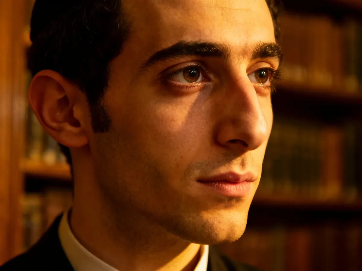 Portret osoby o wyrazistych rysach aszkenazyjskich na tle starej biblioteki, podkreślający głębokie, pełne zadumy spojrzenie.