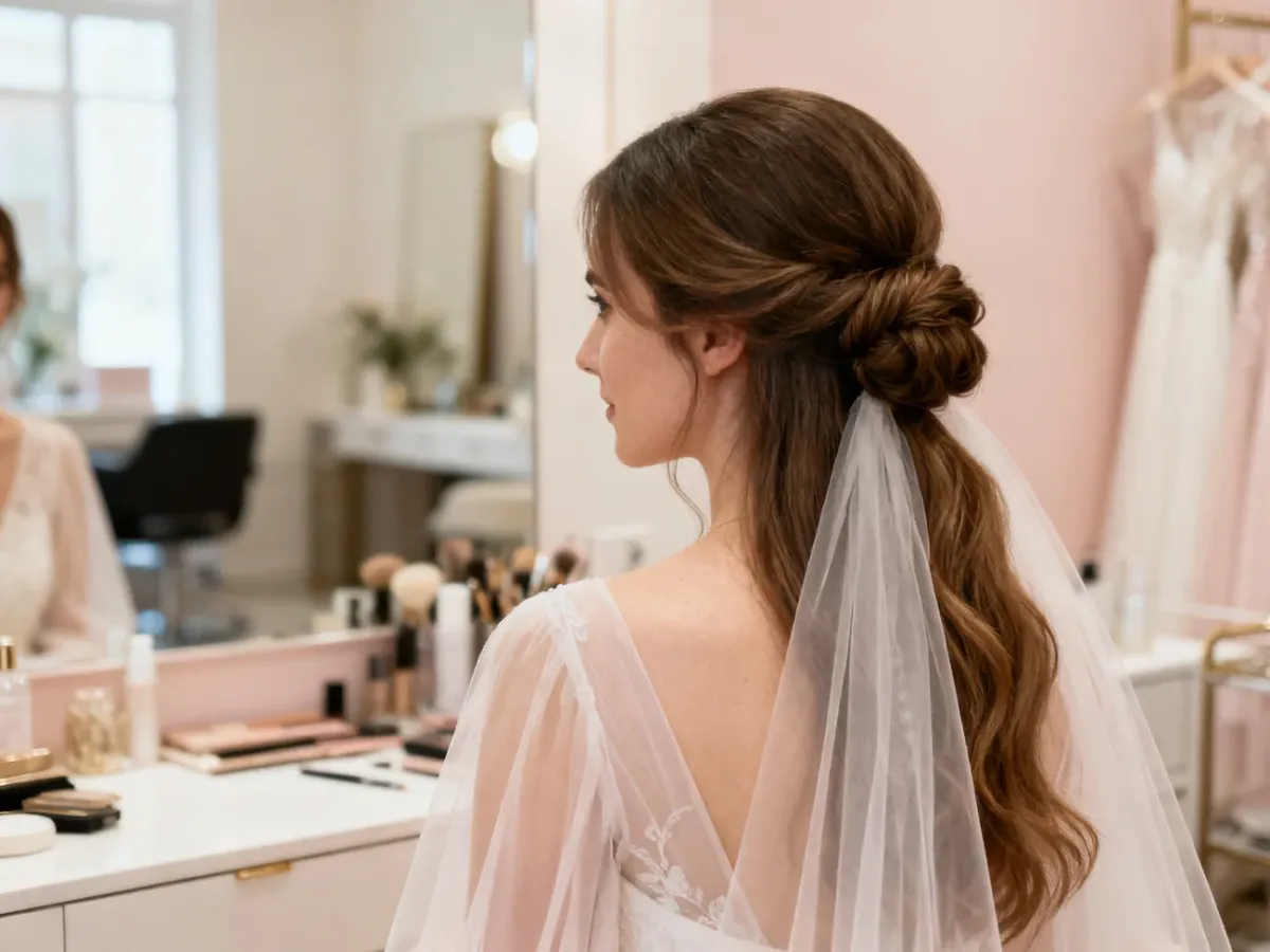 Panna młoda z eleganckim upięciem i welonem w salonie fryzjerskim