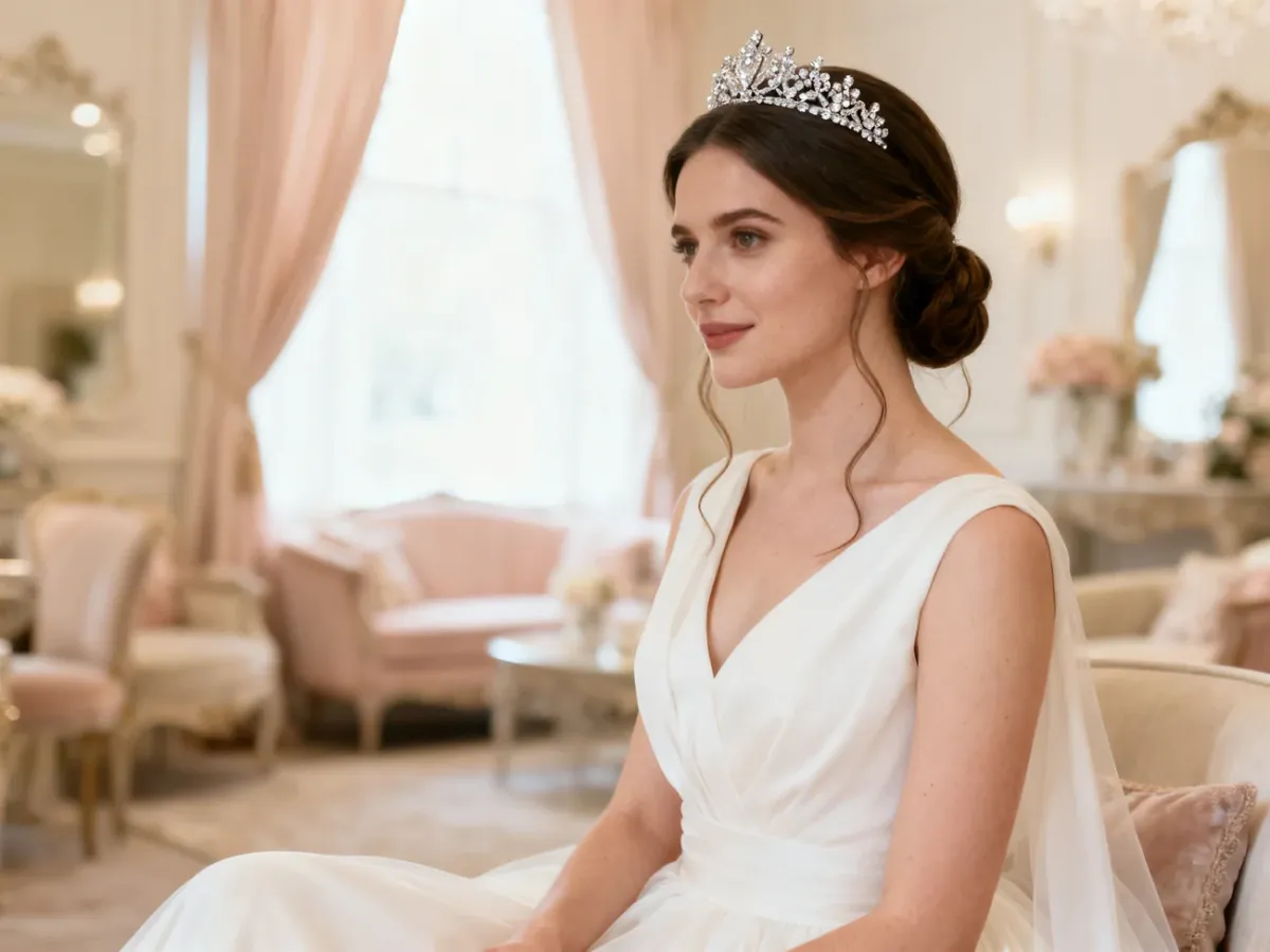 Panna młoda w eleganckim upięciu z delikatnym diademem