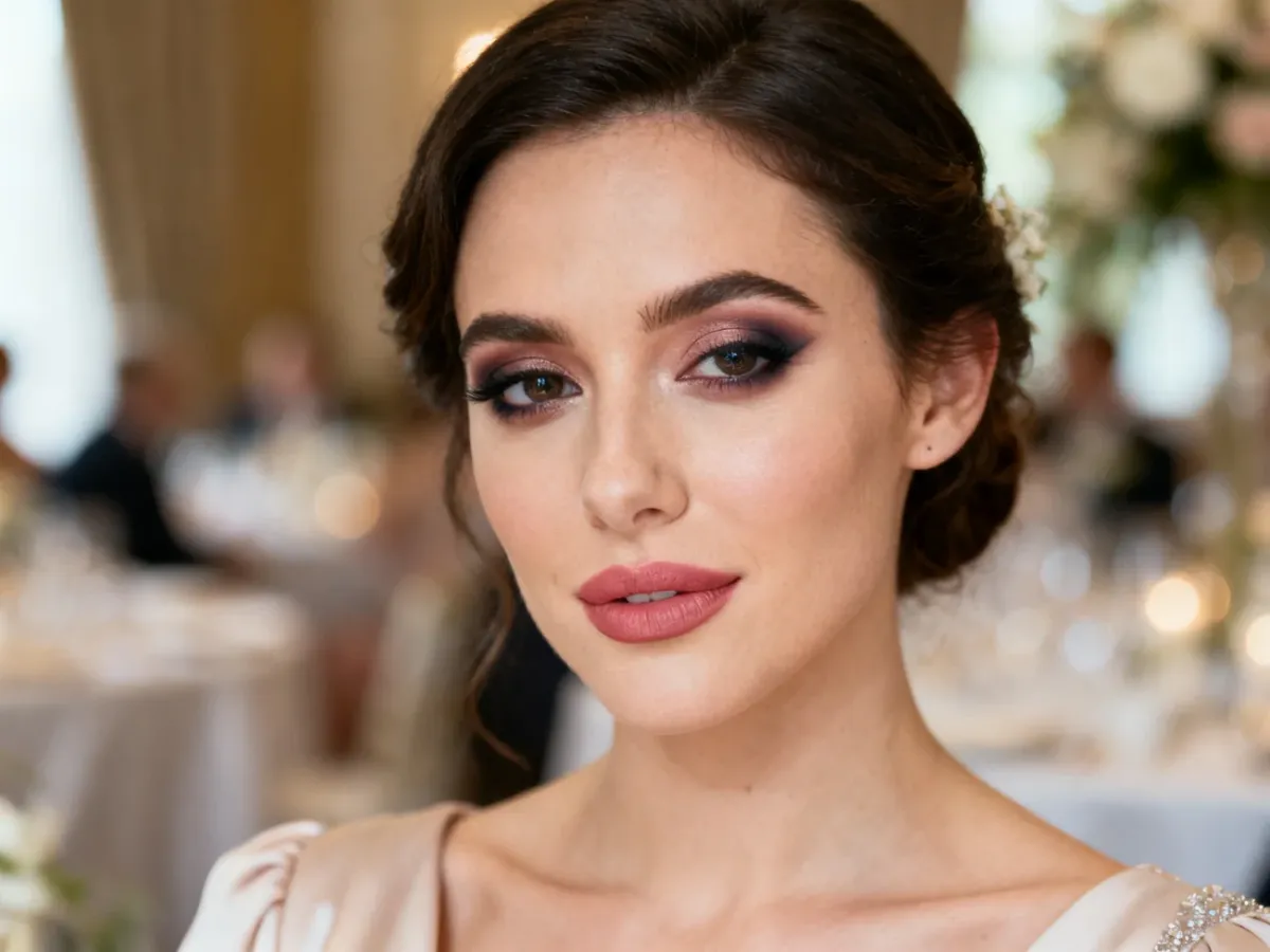 Elegancki makijaż weselny z delikatnym smokey eye i neutralnymi ustami