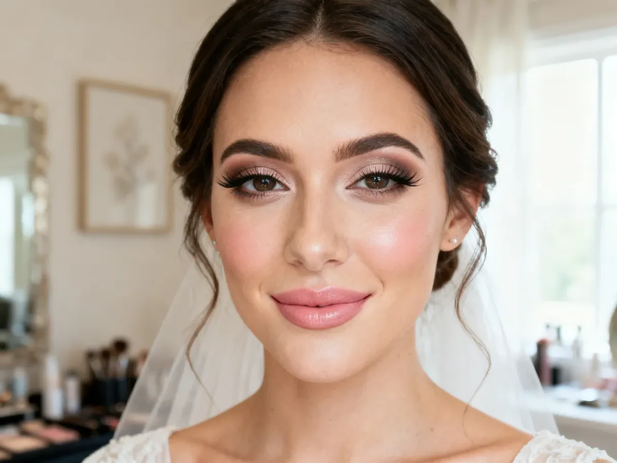 Panna młoda w naturalnym, eleganckim makijażu ślubnym