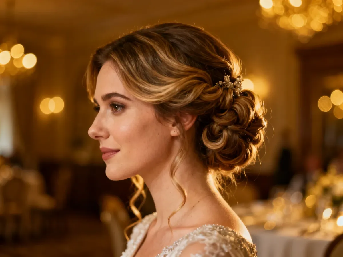 Elegancka fryzura wieczorowa z romantycznymi falami na rocznicę ślubu