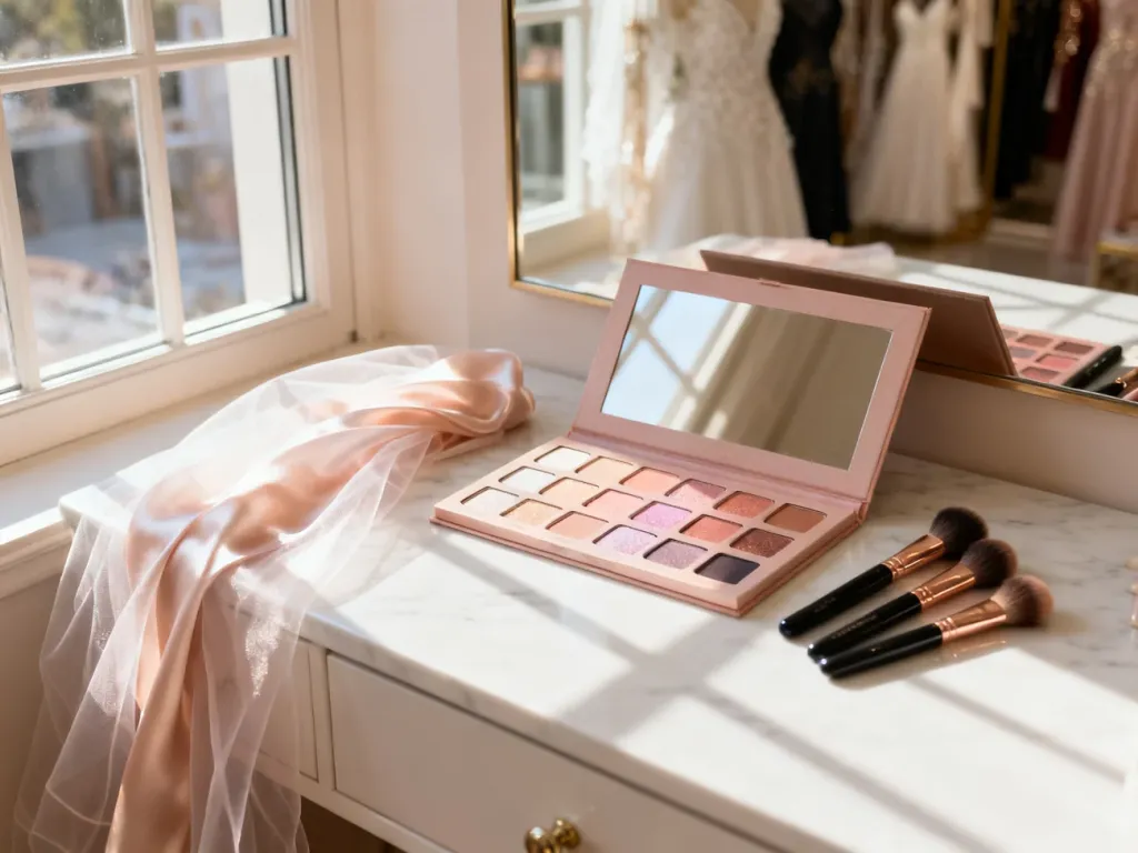 Elegancka paleta cieni do powiek i pędzle do makijażu na marmurowym blacie obok welonu, przygotowane do makijażu ślubnego.
