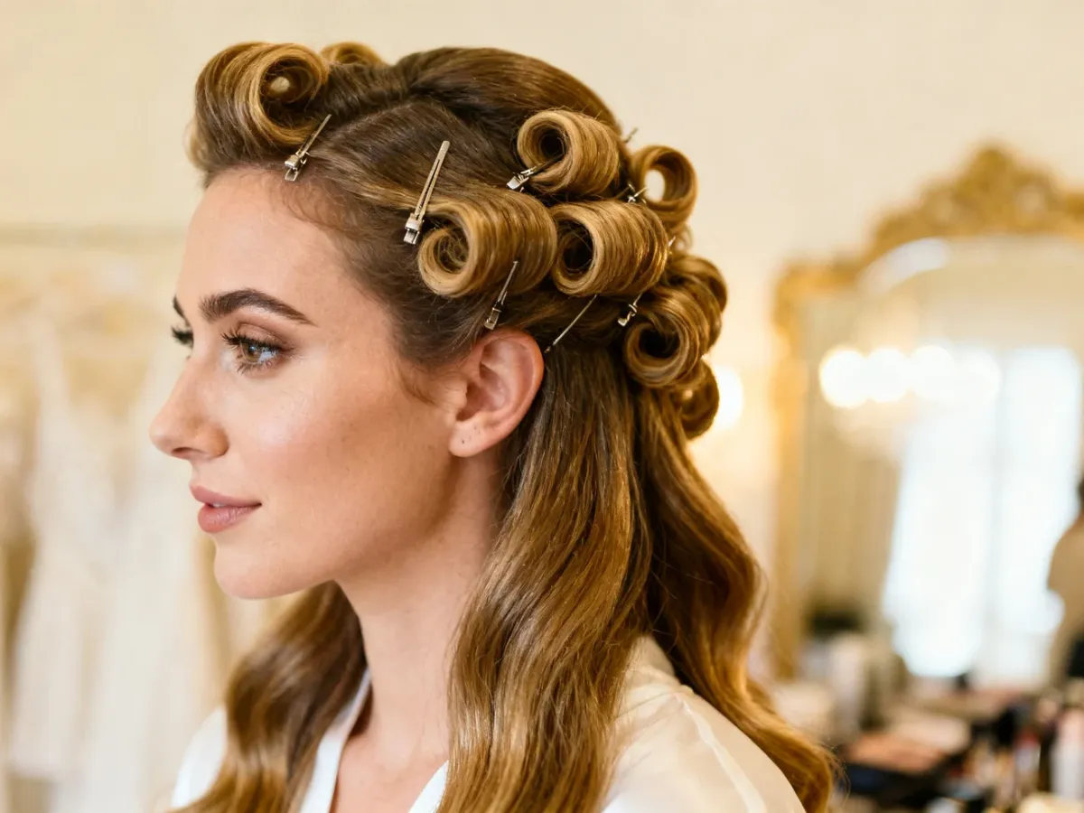Kobieta z eleganckimi lokami, z częścią skręconych pasm przypiętych przy głowie