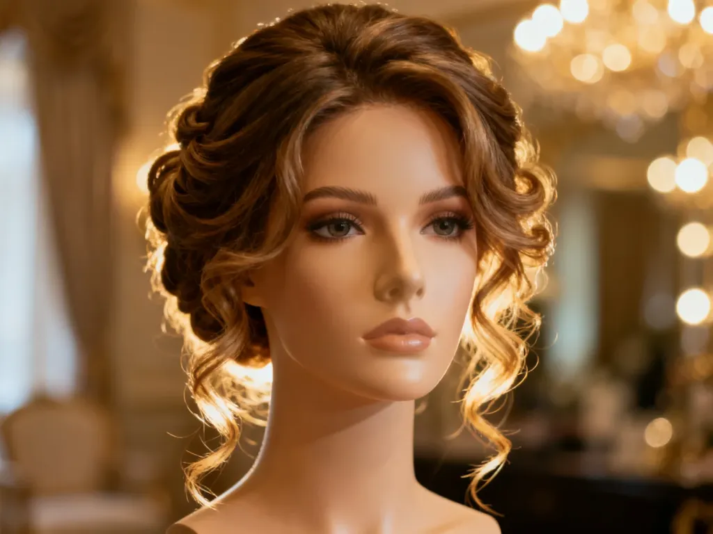 Eleganckie, upięte upięcie ślubne z delikatnymi lokami na głowie manekina, idealnie pasujące do sukienki z dekoltem.