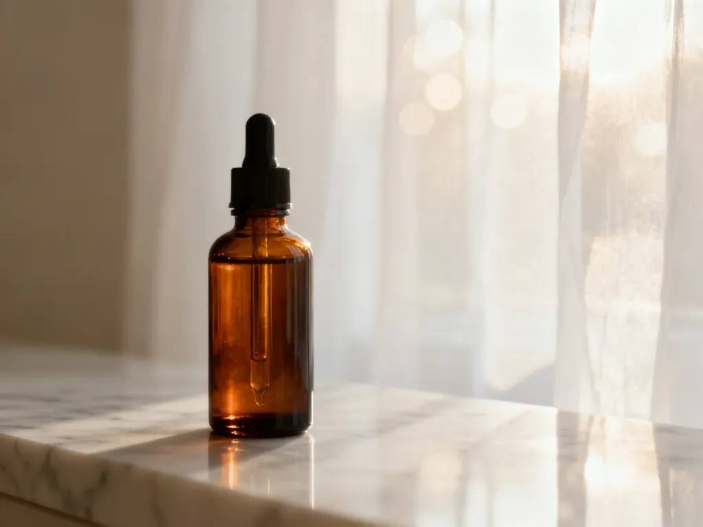 Elegancka buteleczka serum z ciemnego szkła na marmurowym blacie w promieniach porannego słońca.