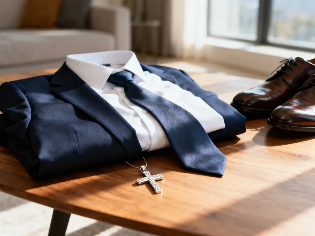 Elegancki zestaw komunijny dla chłopca: granatowa marynarka, biała koszula, krawat, skórzane buty i srebrny krzyżyk.