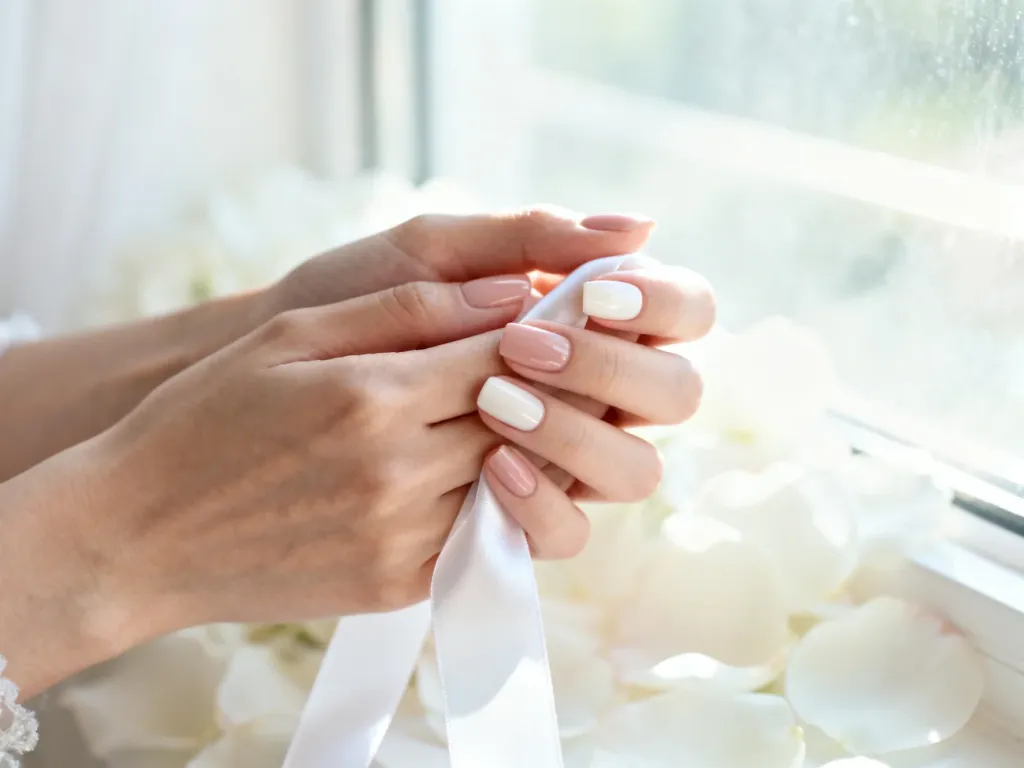 Dłonie z minimalistycznym, ślubnym manicure w odcieniach nude i mlecznej bieli, trzymające delikatną jedwabną wstążkę.