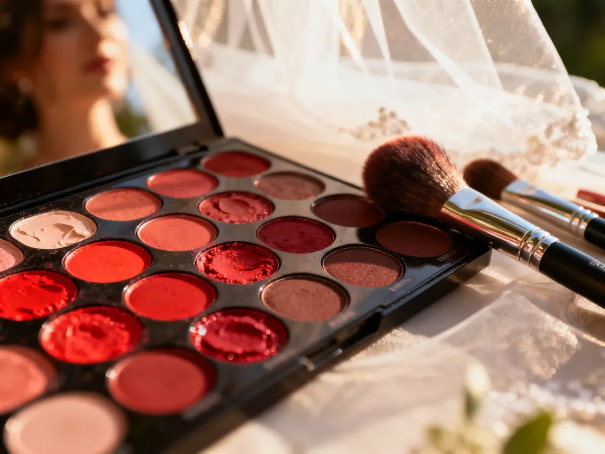 Paleta profesjonalnych pomadek w odcieniach czerwieni z pędzlami do makijażu na tle ślubnego welonu.