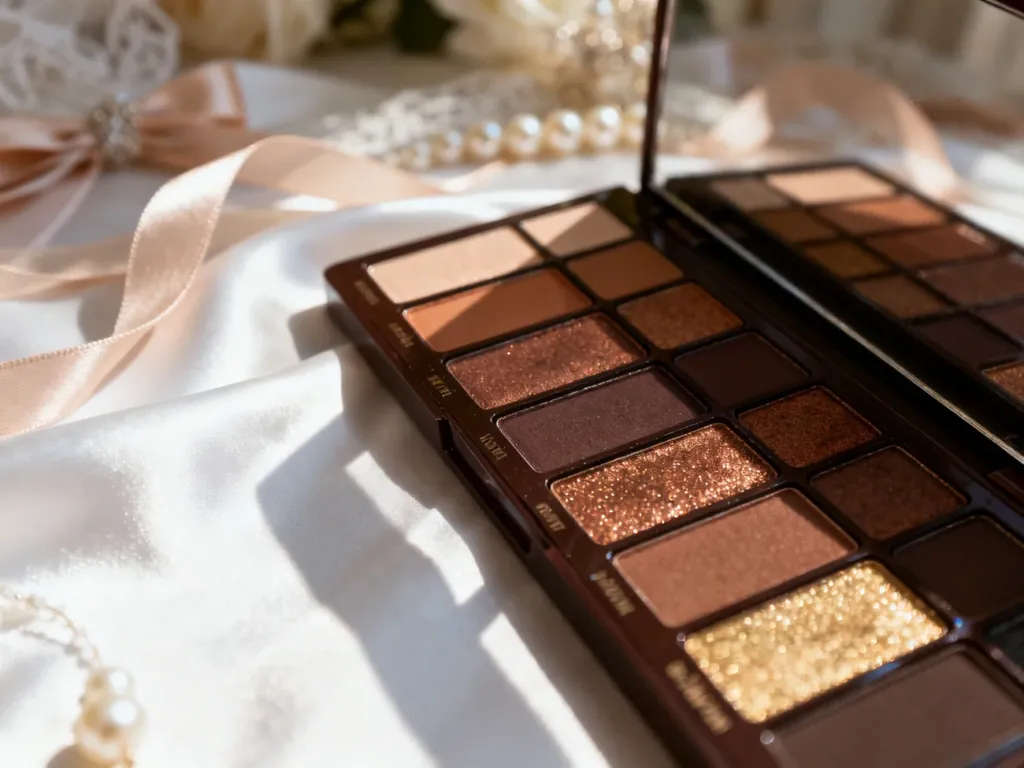 Paleta cieni do powiek w odcieniach brązu, czekolady i złota, idealna do stworzenia eleganckiego makijażu ślubnego dla brunetek.
