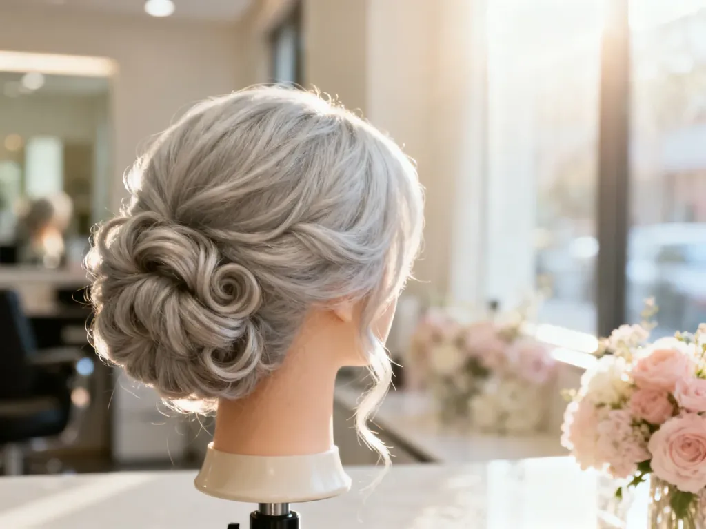 Eleganckie upięcie z siwych włosów z delikatnymi lokami, idealne jako inspiracja fryzury na chrzciny dla babci.
