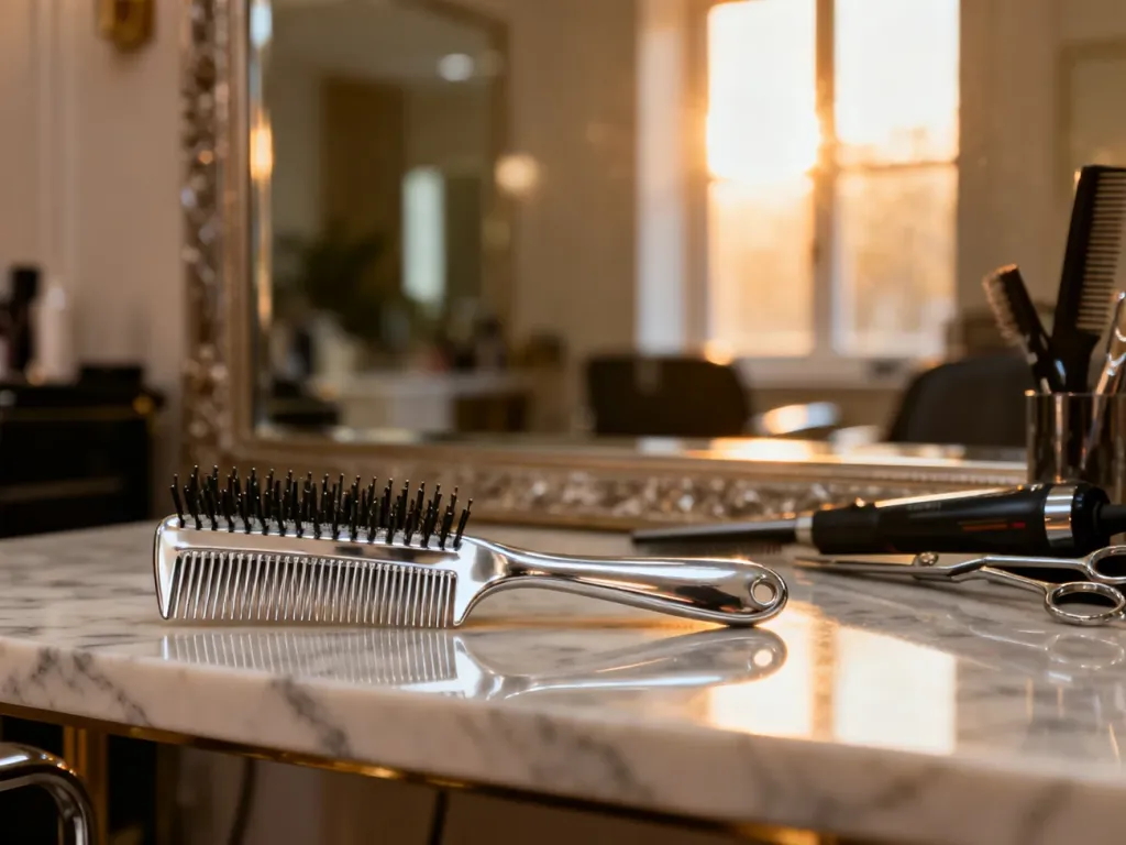 Eleganckie akcesoria fryzjerskie na marmurowym blacie w profesjonalnym salonie, podkreślające luksusowy charakter stylizacji.