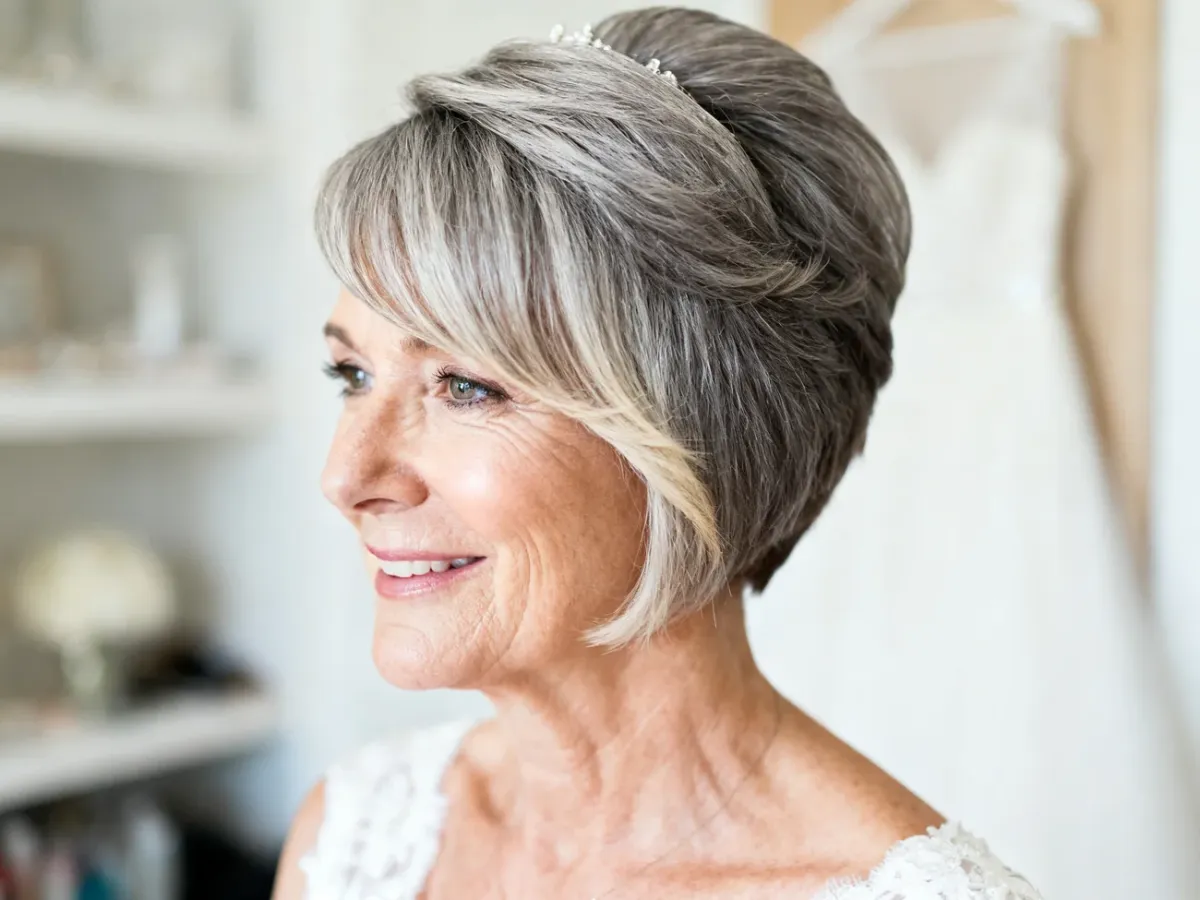 Elegancka mama panny młodej z krótką fryzurą pixie