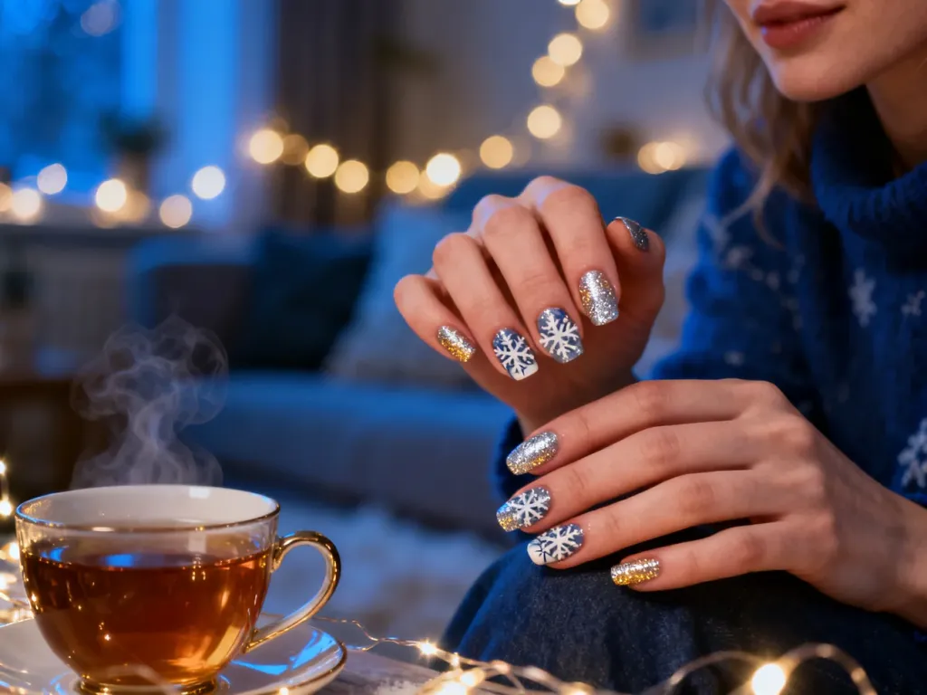 Zadbane dłonie z zimowym manicure w śnieżynki i brokat, utrzymane w przytulnym, świątecznym klimacie.
