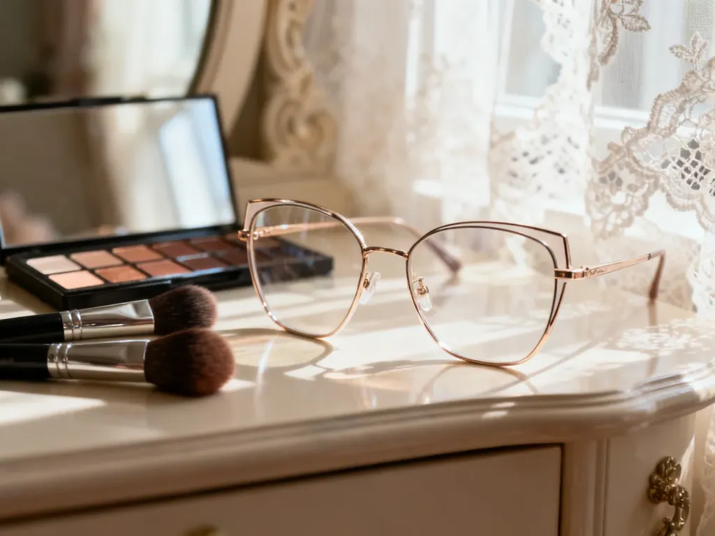 Eleganckie okulary, pędzle i paleta cieni na toaletce w romantycznym, ślubnym wnętrzu.
