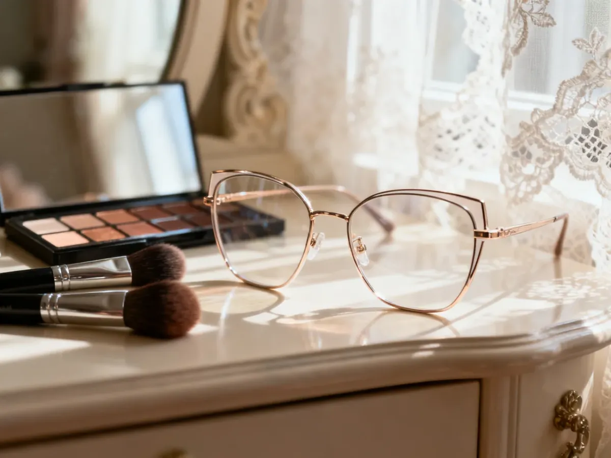 Eleganckie okulary, pędzle i paleta cieni na toaletce w romantycznym, ślubnym wnętrzu.