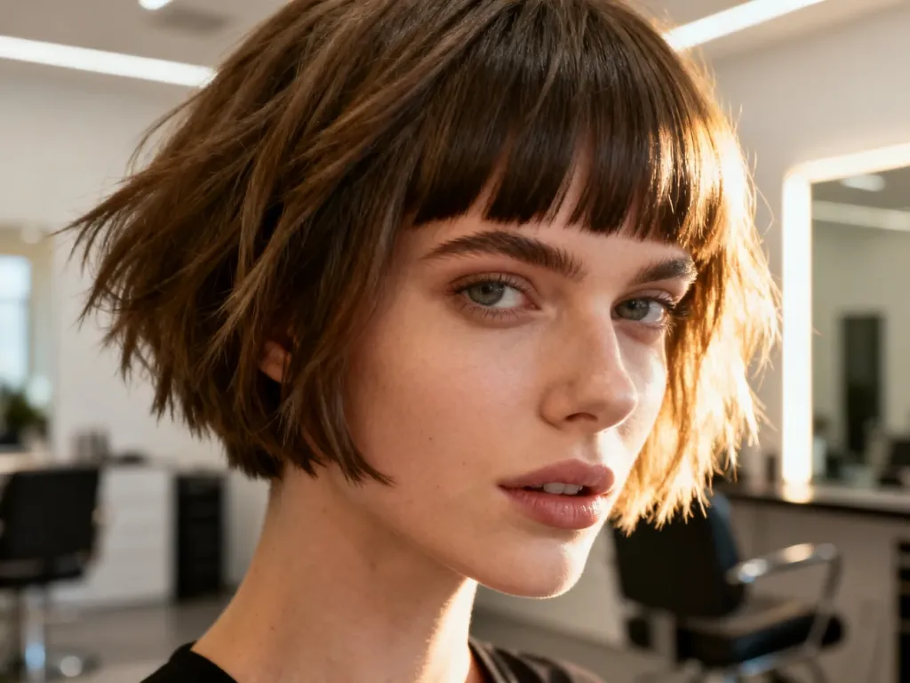 Kobieta z modną fryzurą typu wolf cut z cieniowanymi warstwami i grzywką curtain bangs w nowoczesnym salonie fryzjerskim.