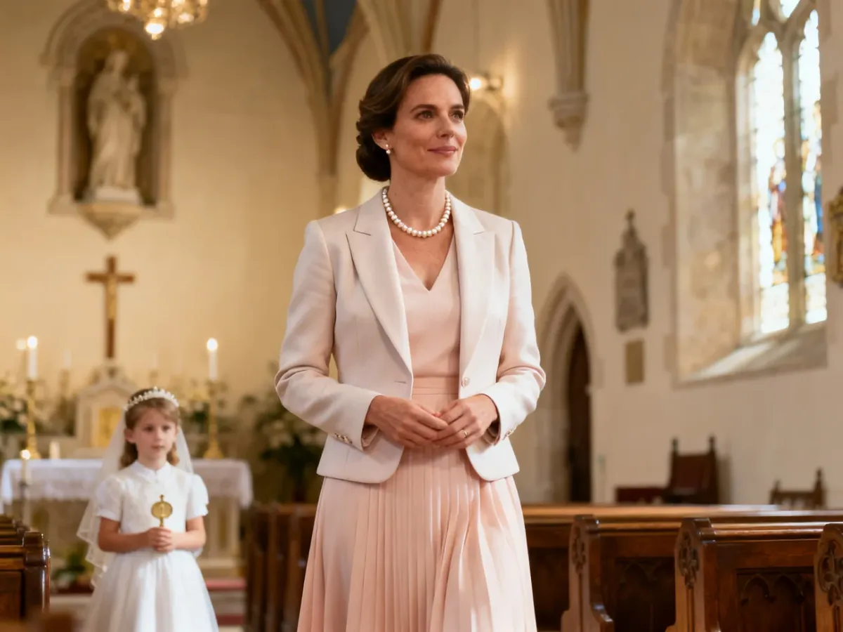 Elegancka mama w pastelowej stylizacji komunijnej przed uroczystością w kościele