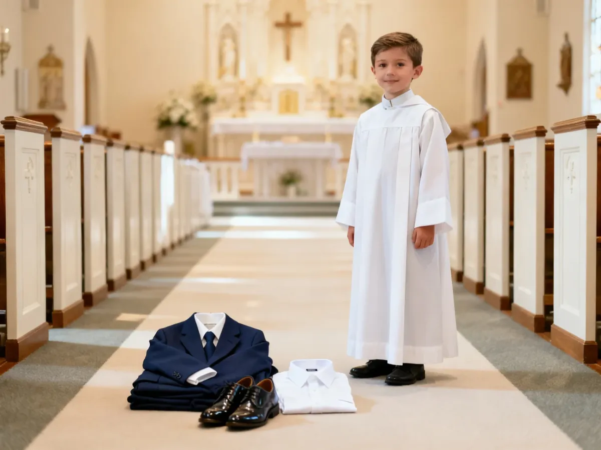 Chłopiec w białej albie komunijnej w kościele obok przygotowanego eleganckiego stroju