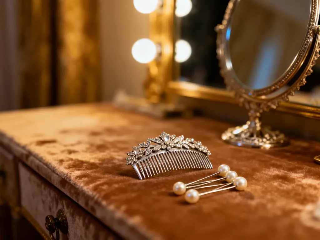 Eleganckie akcesoria do włosów, takie jak srebrny grzebyk i perłowe wsuwki, leżące na aksamitnej toaletce w ciepłym świetle.