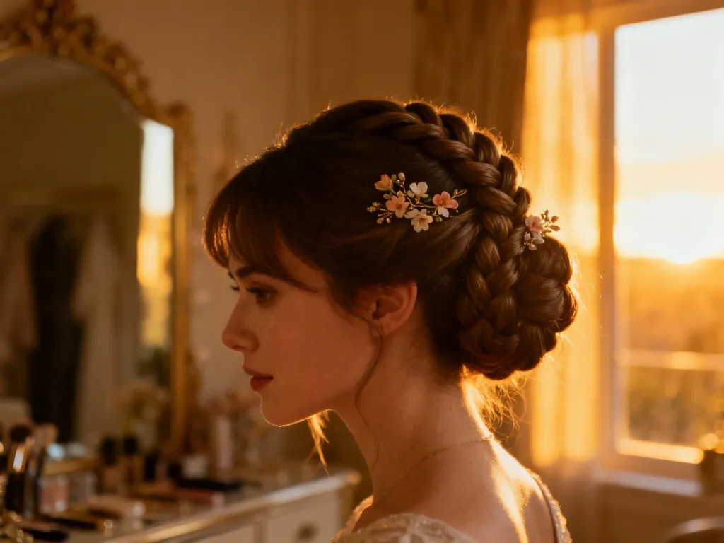 Eleganckie wysokie upięcie ślubne z warkoczem i delikatnymi kwiatami w luksusowym wnętrzu o ciepłym świetle.
