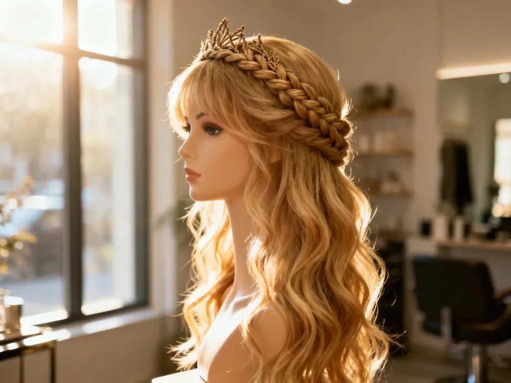 Elegancka fryzura ślubna z rozpuszczonymi, falowanymi włosami i ozdobnym warkoczem w stylu boho.