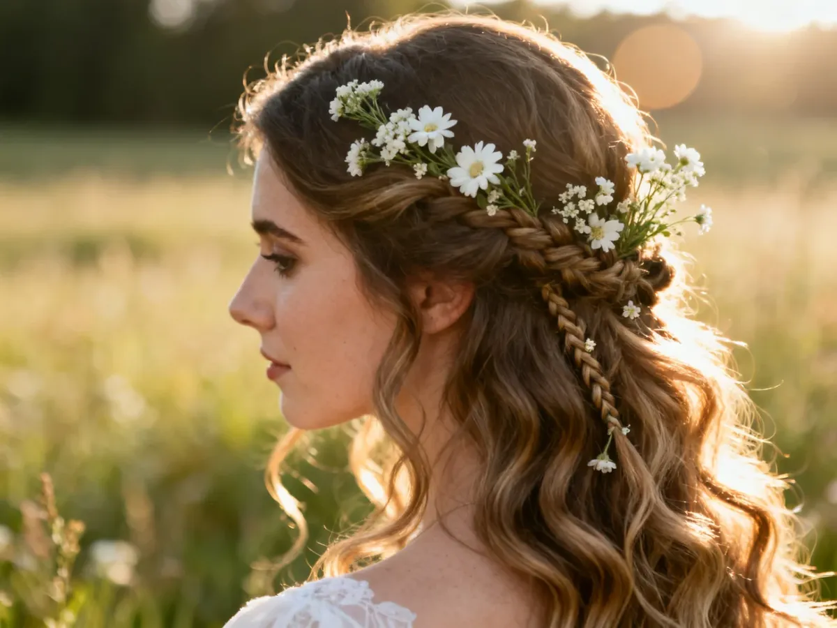 Elegancka fryzura ślubna w stylu boho z luźnymi falami, drobnymi warkoczami i białymi polnymi kwiatami.