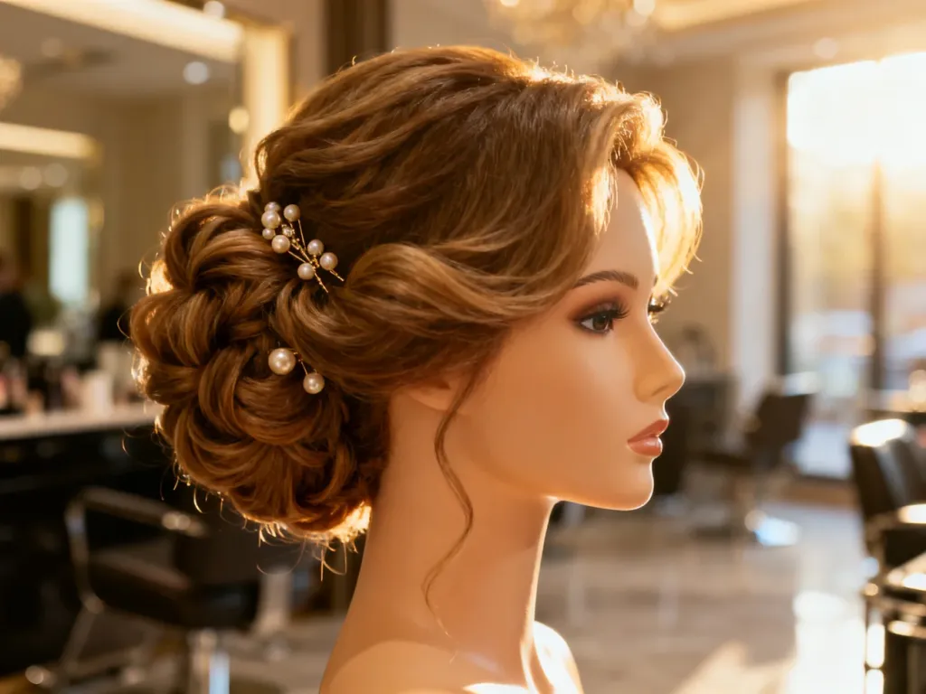 Eleganckie upięcie z perłami na głowie treningowej, idealne jako inspiracja fryzury dla mamy panny młodej.