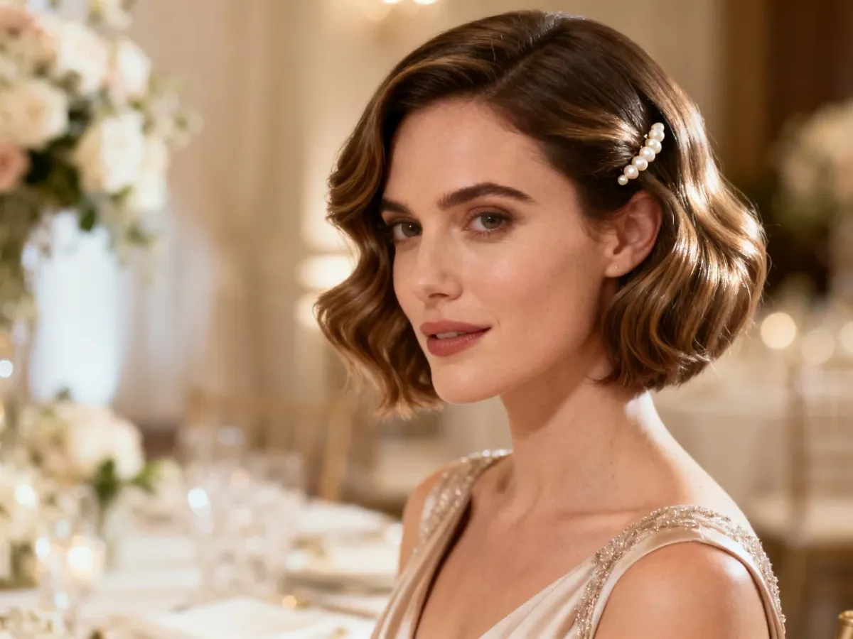 Kobieta z eleganckim falowanym bobem i perłową spinką na tle weselnej sali