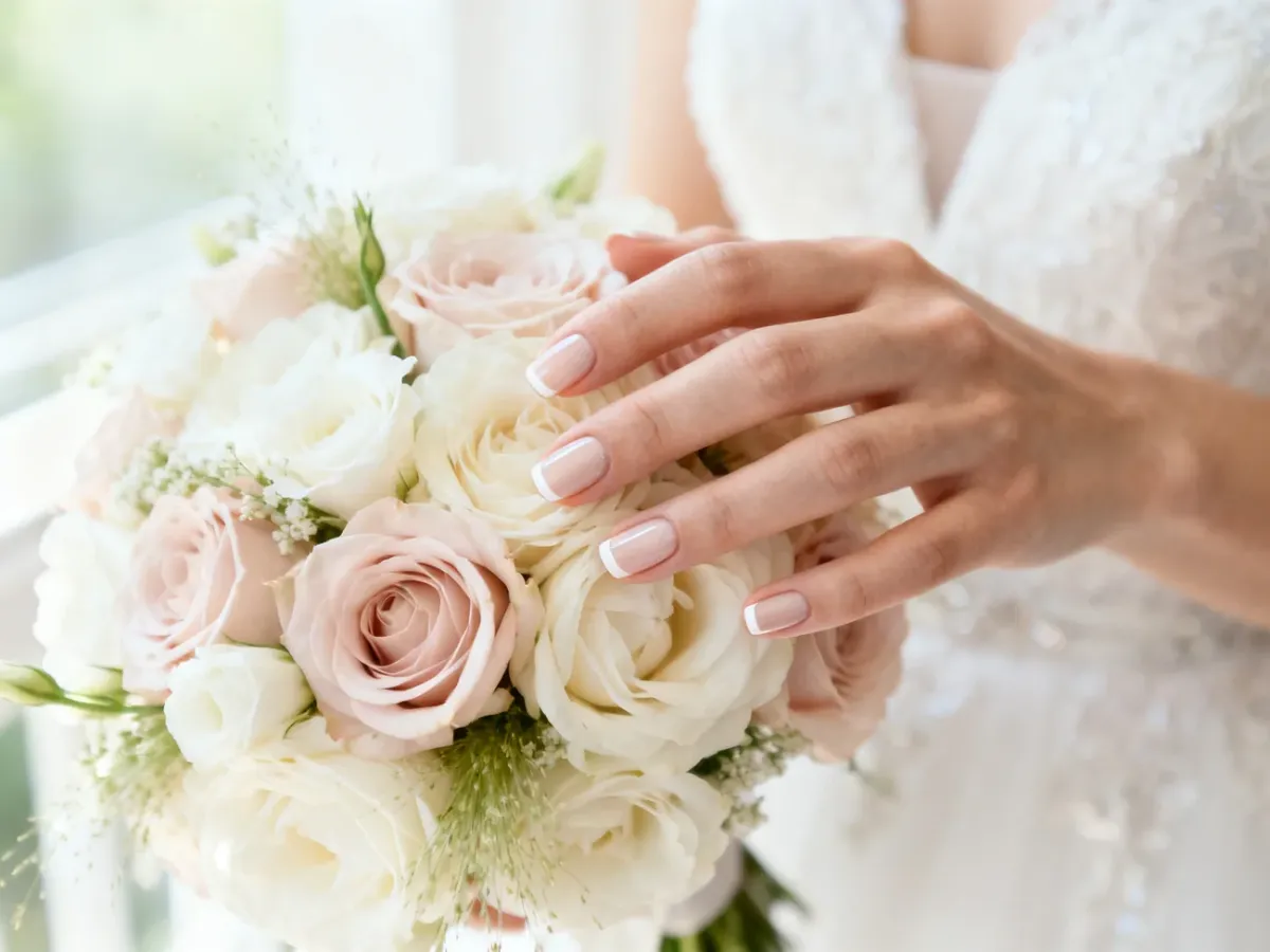 Dłonie panny młodej z eleganckim krótkim manicurem na tle ślubnego bukietu