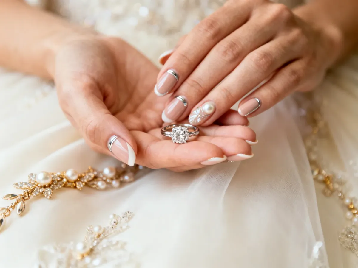Dłonie panny młodej z obrączką i subtelnym perłowym manicure
