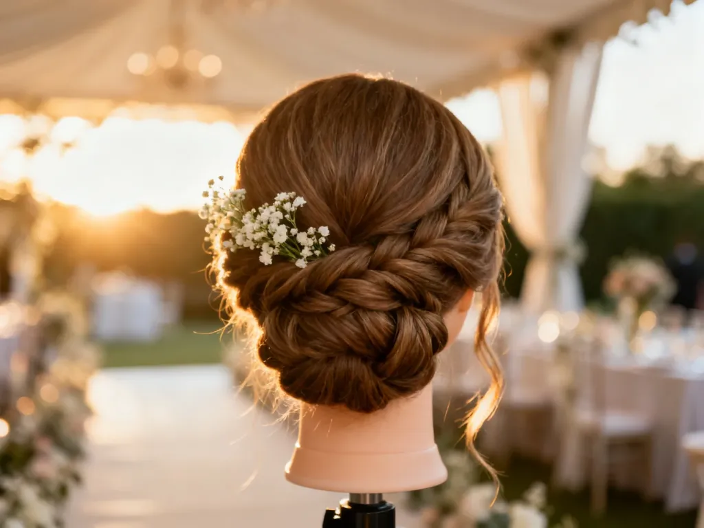Eleganckie niskie upięcie ślubne z delikatnymi kwiatami gipsówki, idealne jako inspiracja fryzury dla panny młodej.