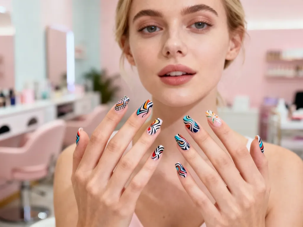 Zbliżenie na dłonie z precyzyjnie wykonanym, artystycznym manicure w modnym stylu na tle eleganckiego salonu kosmetycznego.