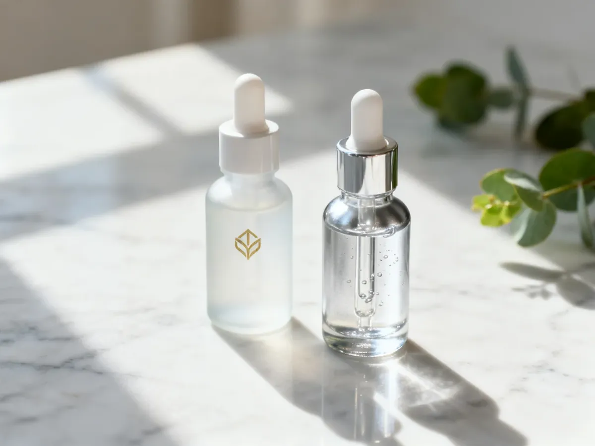 Dwie eleganckie butelki z serum na marmurowym blacie, podkreślające estetykę i wysoką jakość produktów z retinoidami.