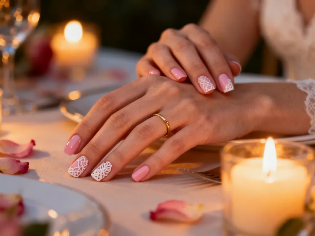 Elegancki manicure w odcieniach pudrowego różu z delikatnym białym wzorem koronki, idealny na rocznicę ślubu.