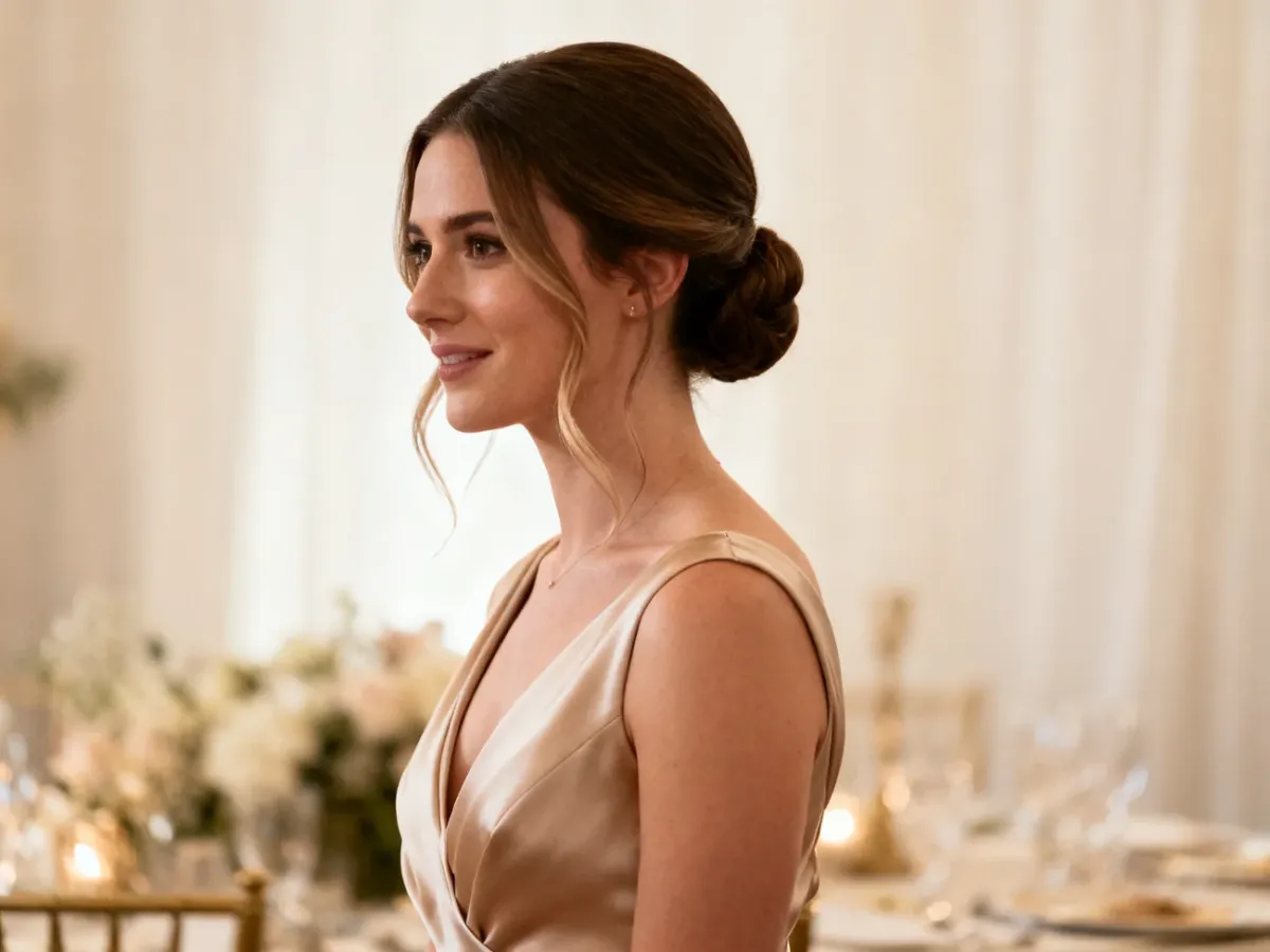 Druhna w eleganckim niskim koczku podczas formalnego wesela