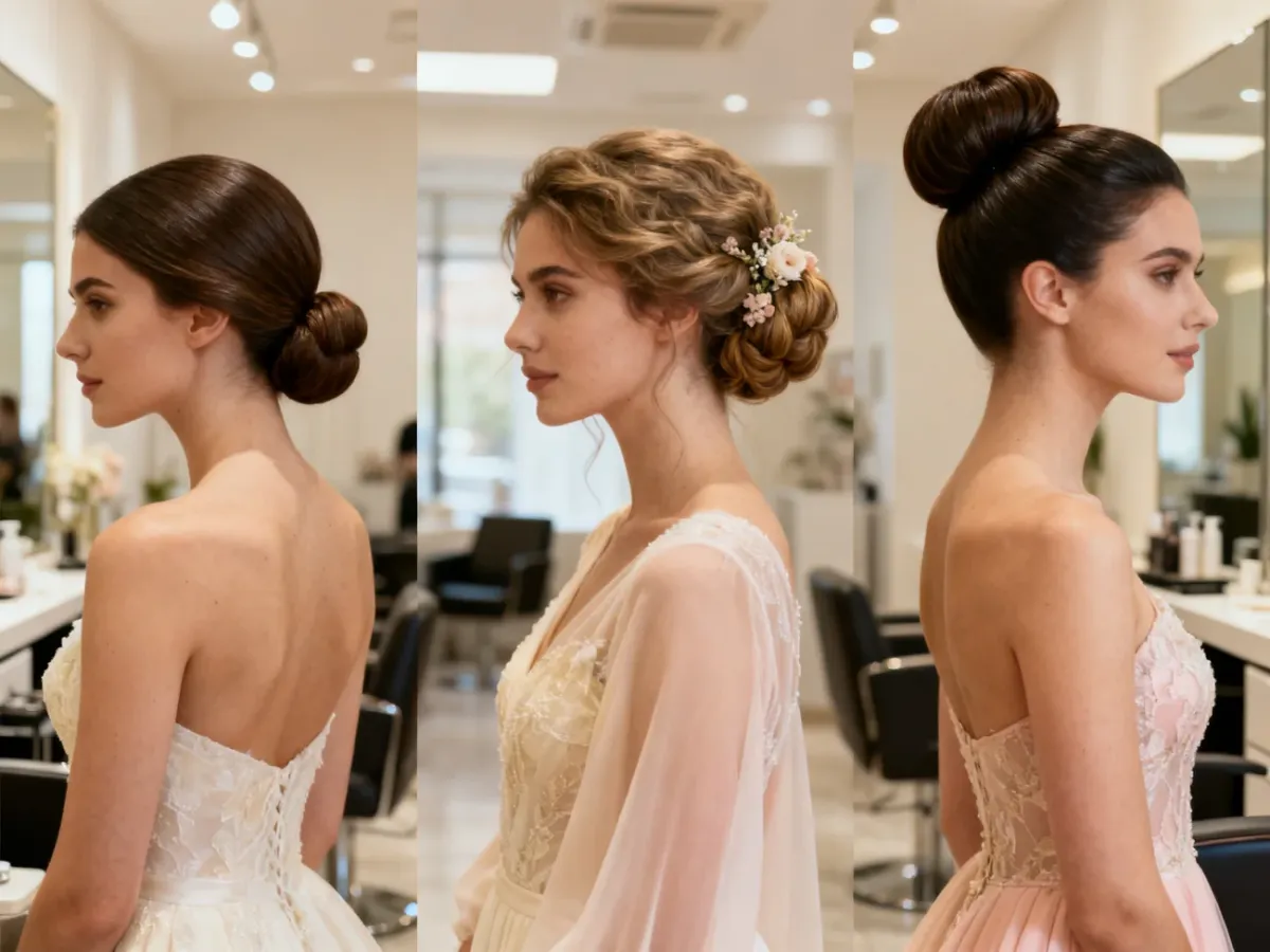 Trzy eleganckie warianty koka ślubnego: niski gładki, luźny boho i wysoki glamour