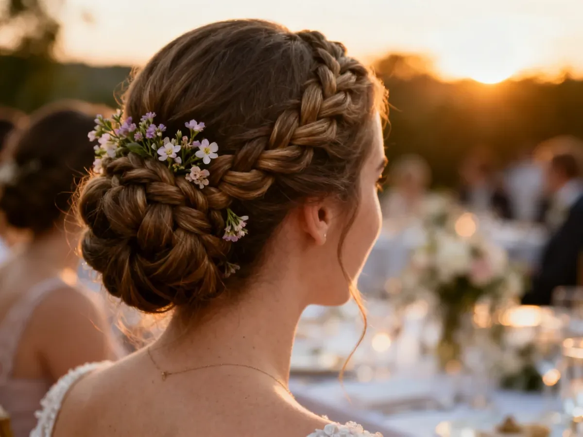 Eleganckie upięcie z warkoczem i drobnymi kwiatami, idealne jako fryzura dla druhny na wesele.
