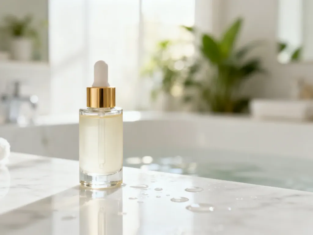 Luksusowe serum do twarzy na marmurowym blacie w jasnym, relaksującym wnętrzu spa. Idealne przygotowanie cery przed ślubem.