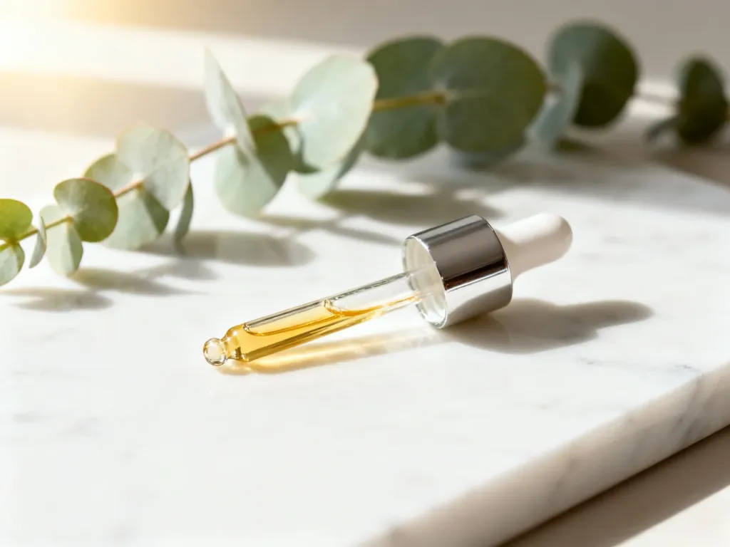 Złote serum do twarzy na marmurowym blacie w otoczeniu liści eukaliptusa, podkreślające luksusową pielęgnację przed ślubem.