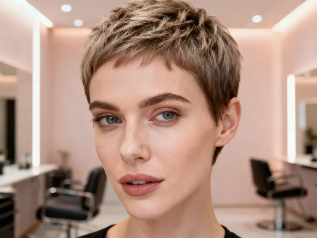 Stylowa kobieta z nowoczesną fryzurą typu pixie w minimalistycznym salonie fryzjerskim.