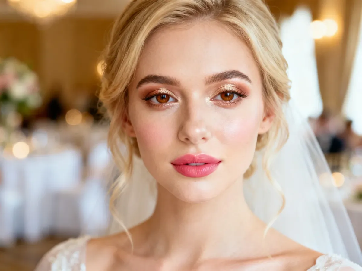 Blondynka w świeżym makijażu Soft Glam na wesele