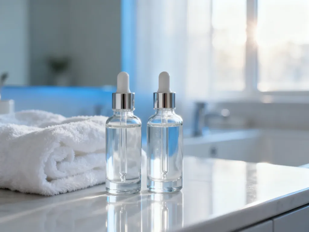 Eleganckie buteleczki z serum obok bawełnianego ręcznika, ilustrujące profesjonalną pielęgnację twarzy w domowym zaciszu.