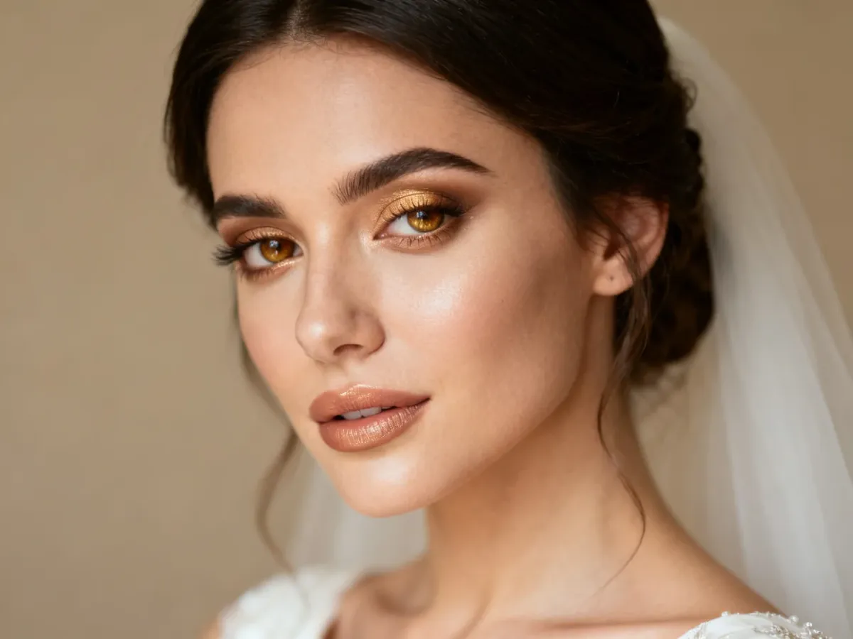 Brunetka w eleganckim, promiennym makijażu na wesele