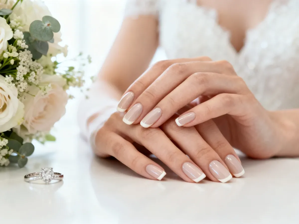 Elegancki minimalistyczny manicure ślubny z mlecznym odcieniem i delikatnym frenchem