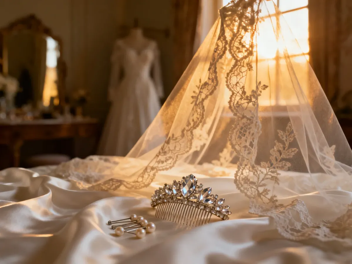 Eleganckie ozdoby do włosów w stylu vintage, takie jak grzebyk z kryształkami i perłowe wsuwki, leżące na welonie.
