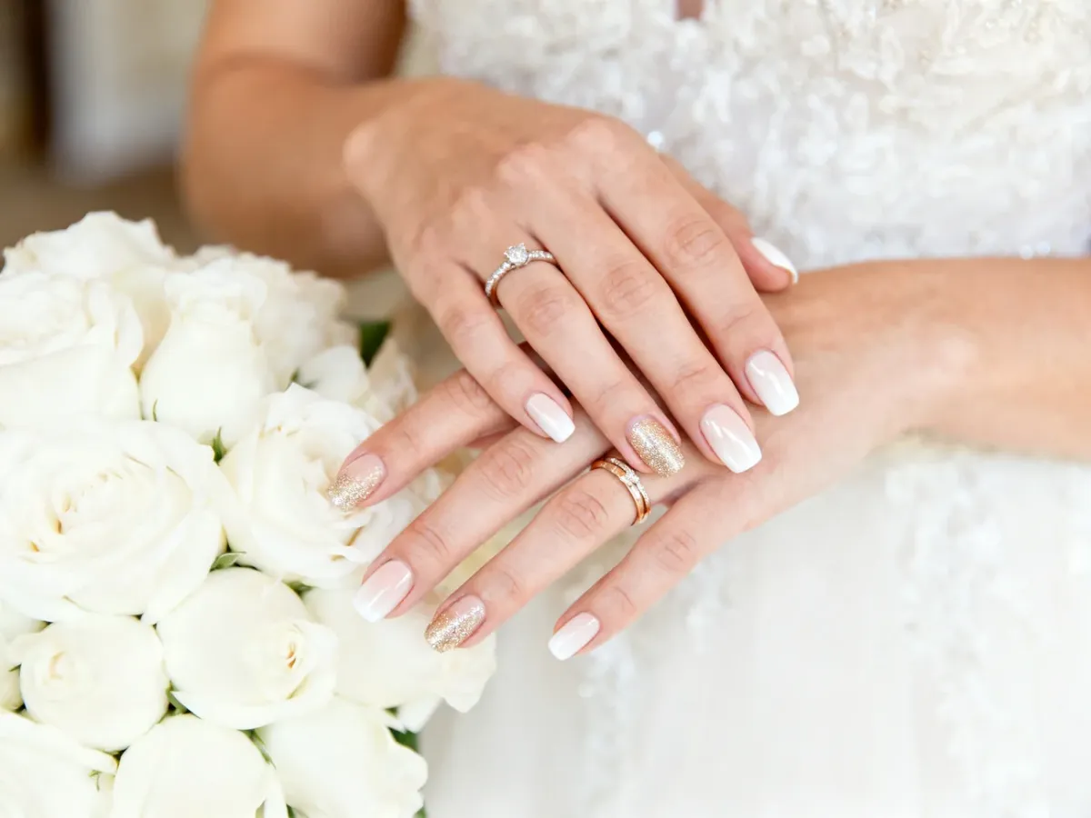 Dłonie panny młodej z eleganckim nude manicure i subtelnym brokatem