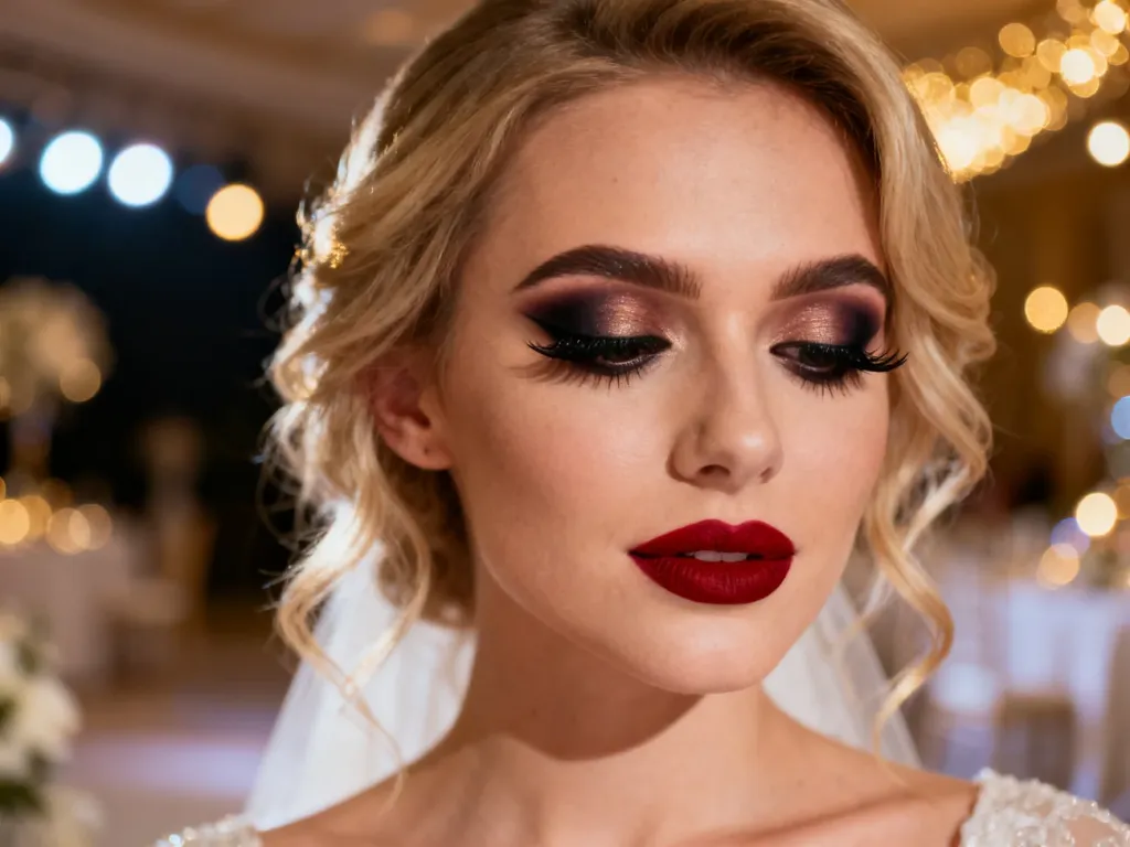 Kobieta w wyrazistym makijażu ślubnym z ciemnymi oczami typu smoky eye i matową, czerwoną szminką.