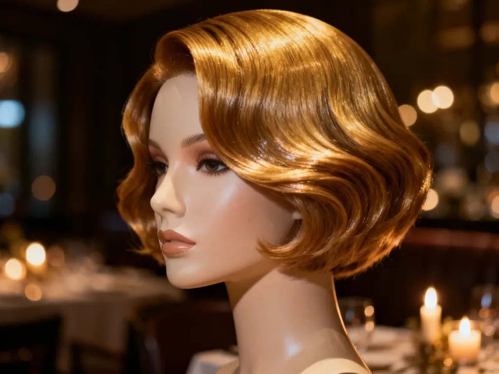 Elegancka, krótka fryzura z miękkimi falami i połyskiem, idealna na romantyczną rocznicę w restauracji.