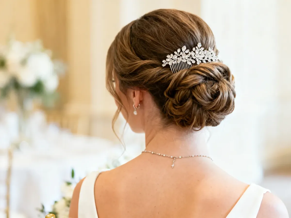 Panna młoda z elegancką ozdobą we włosach podczas wesela